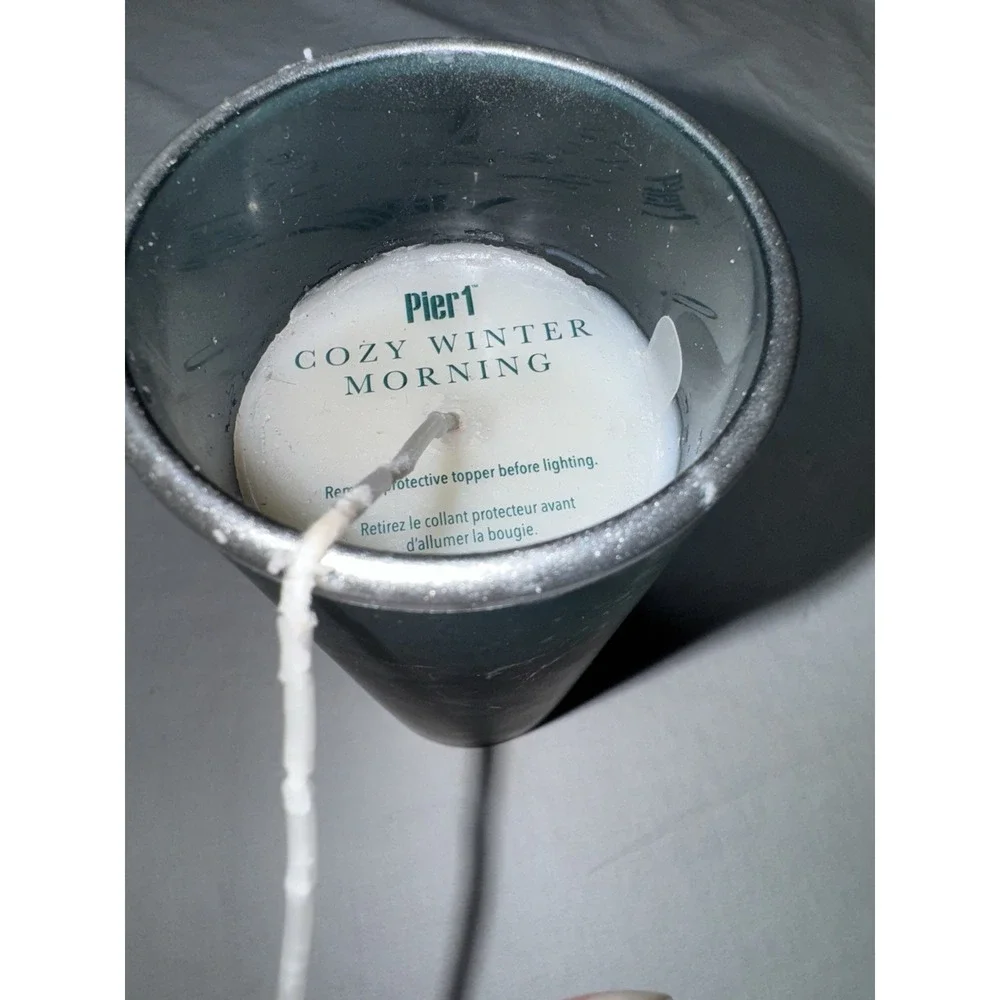 Pier 1 Cozy Winter Morning Pillar Candle Blue Glass Gem Holiday AB1907 6oz